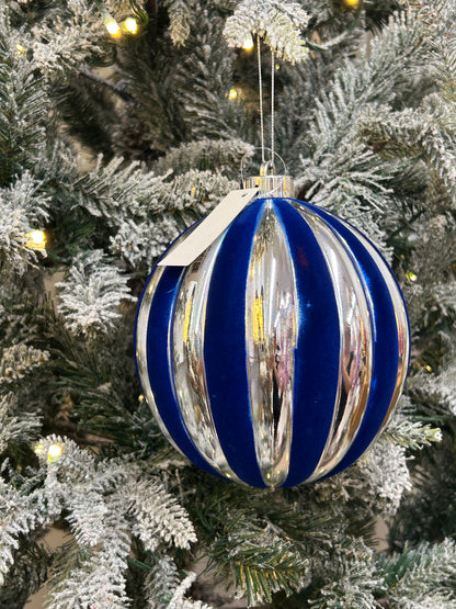 6 Inch Blue And Silver Stripe Ball Ornament