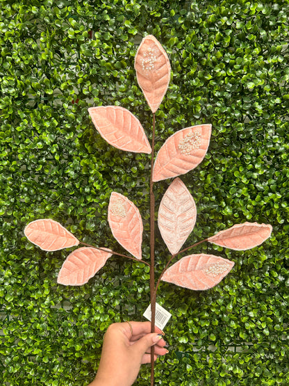 27 Inch Pink Pearl Velvet And Glitter Magnolia Leaf Spray