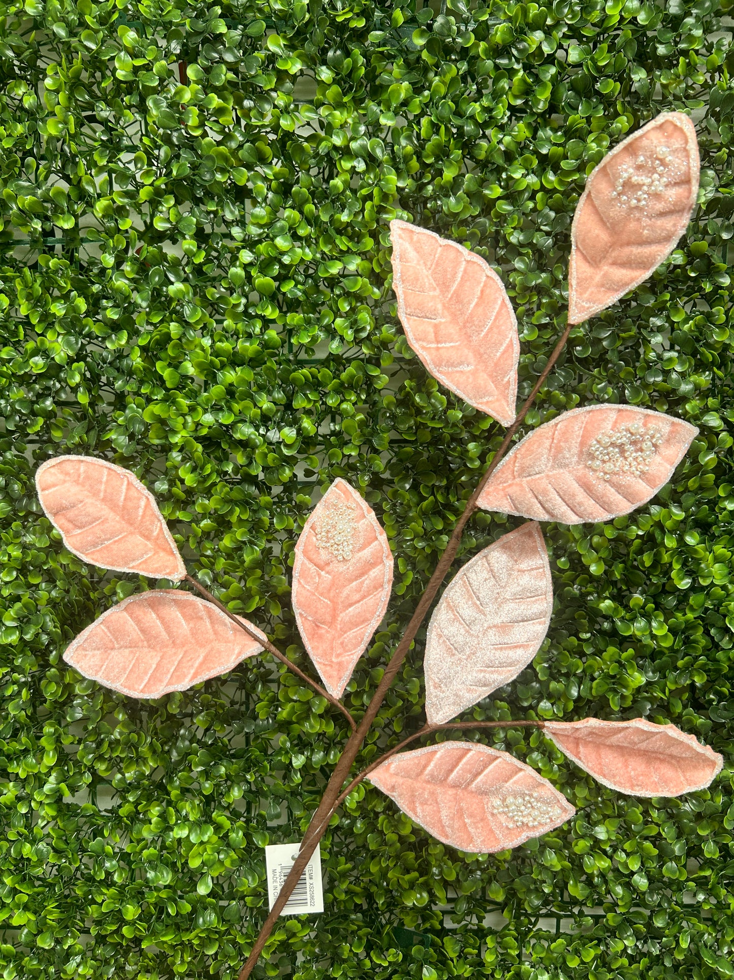 27 Inch Pink Pearl Velvet And Glitter Magnolia Leaf Spray