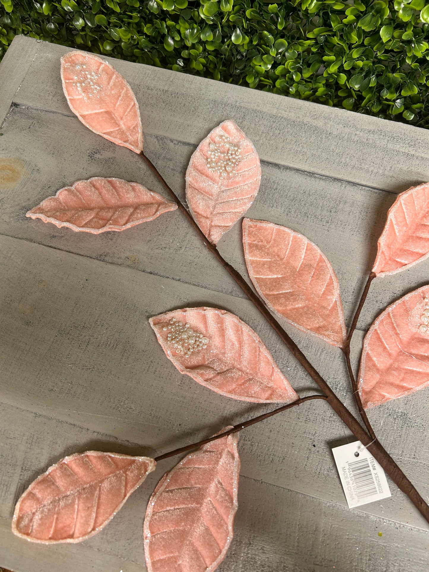 27 Inch Pink Pearl Velvet And Glitter Magnolia Leaf Spray