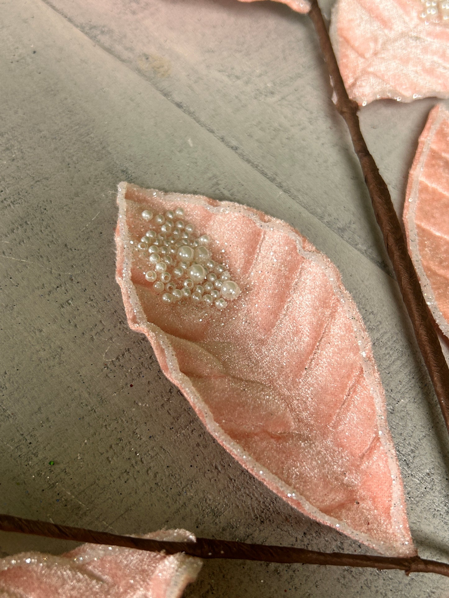 27 Inch Pink Pearl Velvet And Glitter Magnolia Leaf Spray