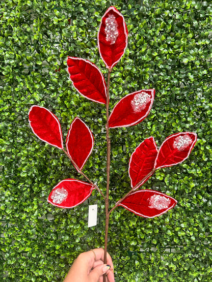 27 Inch Red Pearl Velvet And Glitter Magnolia Leaf Spray