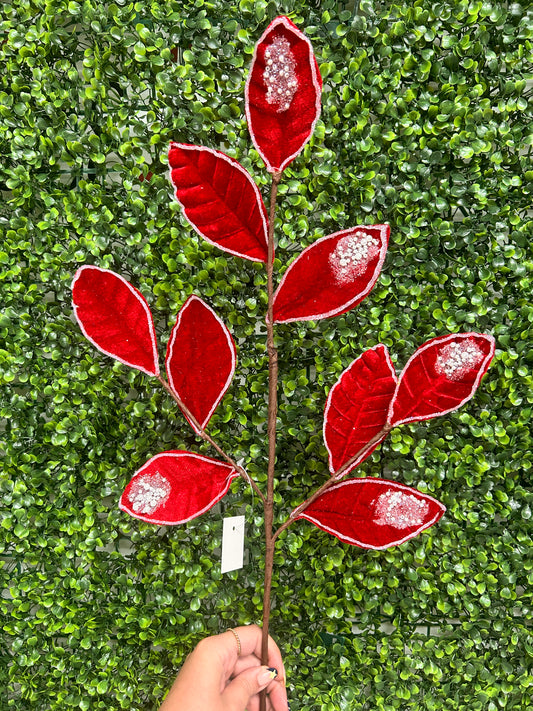 27 Inch Red Pearl Velvet And Glitter Magnolia Leaf Spray