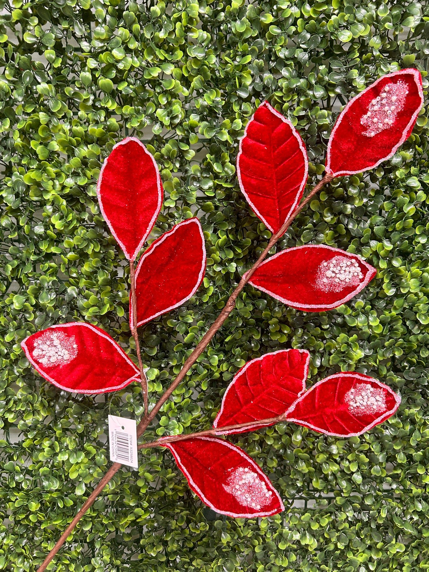 27 Inch Red Pearl Velvet And Glitter Magnolia Leaf Spray