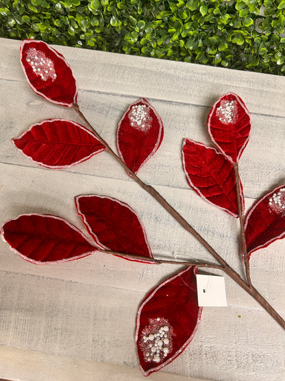 27 Inch Red Pearl Velvet And Glitter Magnolia Leaf Spray