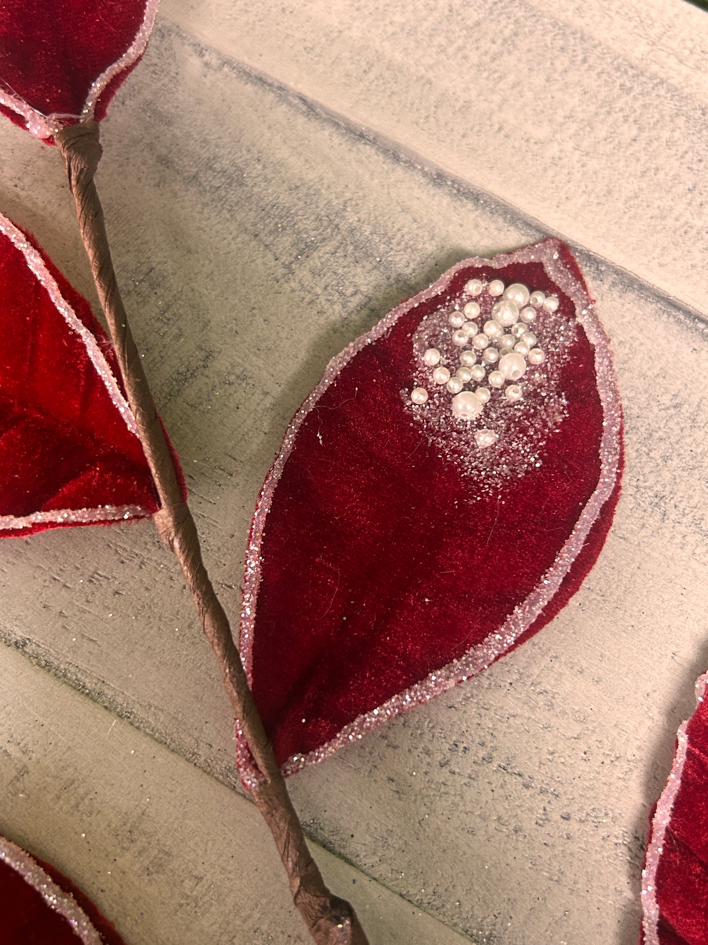27 Inch Red Pearl Velvet And Glitter Magnolia Leaf Spray