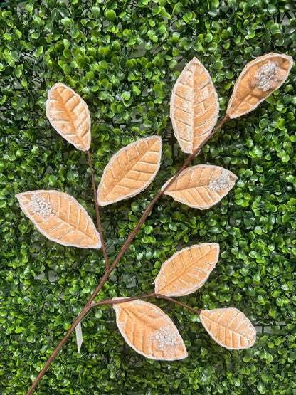 27 Inch Taupe Pearl Velvet And Glitter Magnolia Leaf Spray