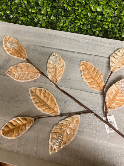 27 Inch Taupe Pearl Velvet And Glitter Magnolia Leaf Spray