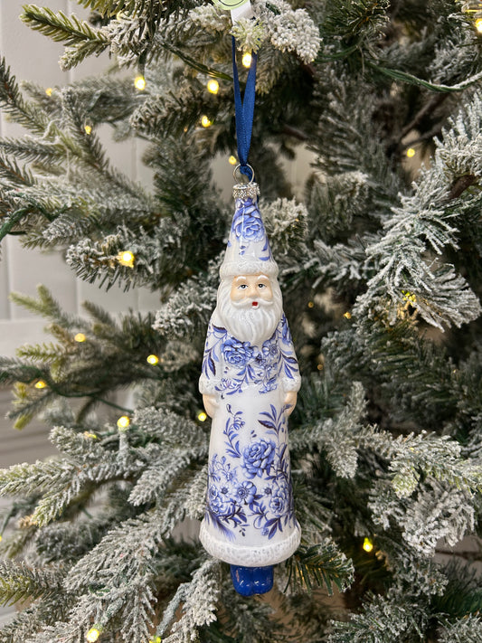 8 Inch Glass Floral Print Santa Ornament