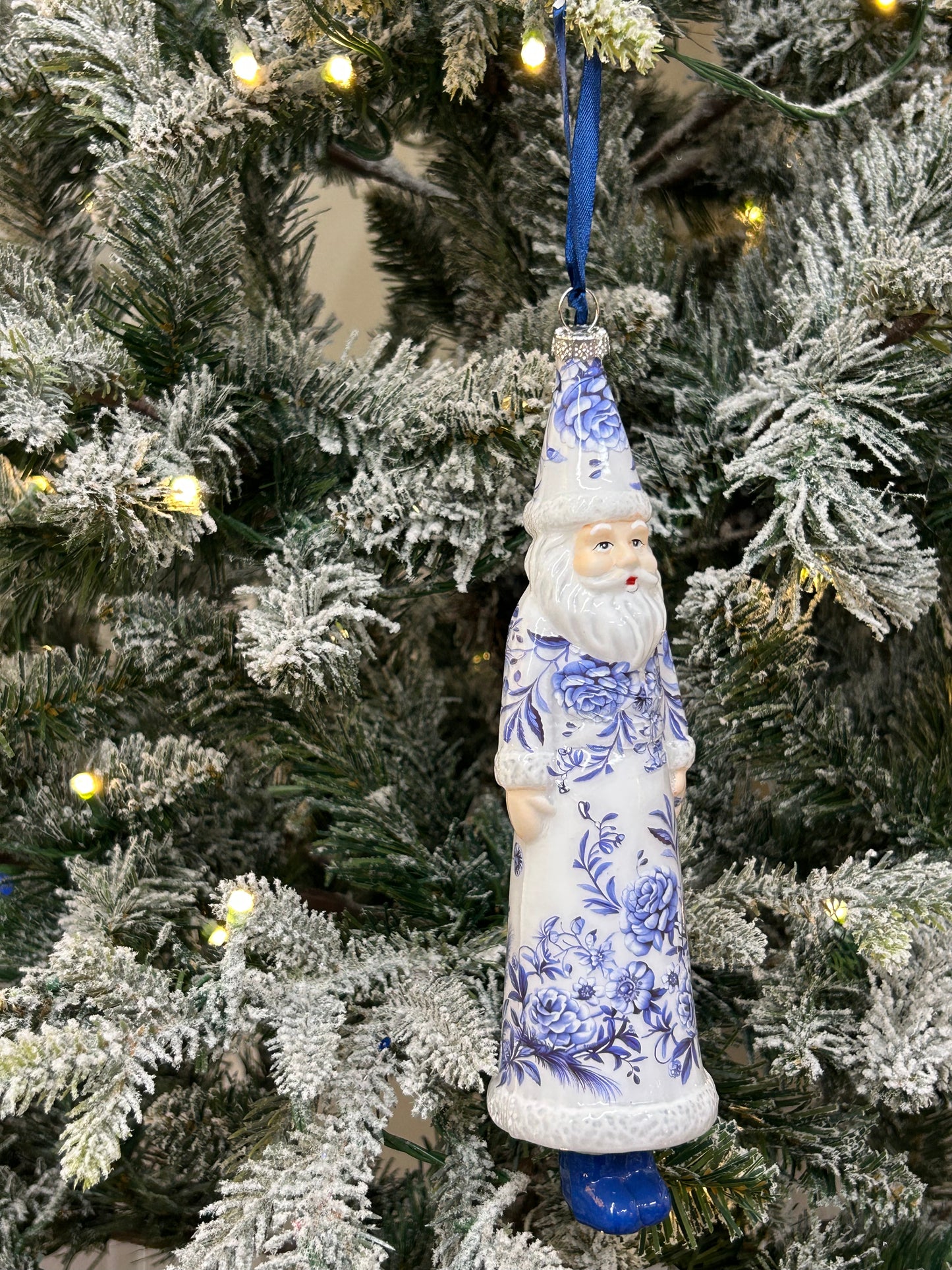 8 Inch Glass Floral Print Santa Ornament