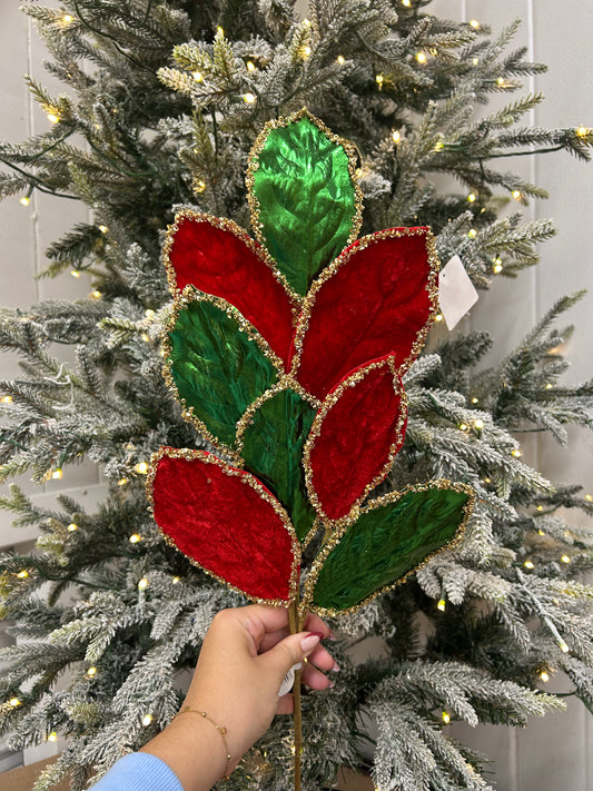 28 Inch Red And Green Regal Velvet With Sequins Salal Spray