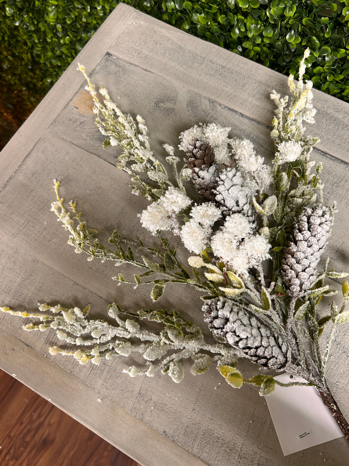24 Inch White Pinecone Pom Pom Snow Spray