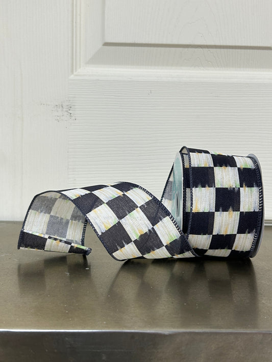 2.5 Inch By 10 Yard Beige And Black Bold Antique Checkerboard Ribbon