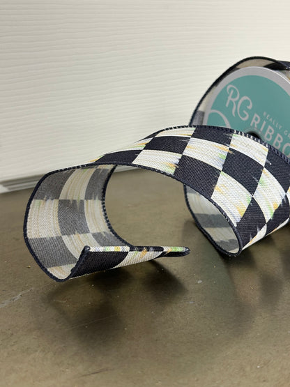 2.5 Inch By 10 Yard Beige And Black Bold Antique Checkerboard Ribbon
