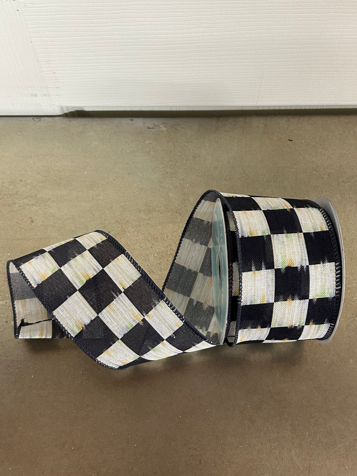 2.5 Inch By 10 Yard Beige And Black Bold Antique Checkerboard Ribbon