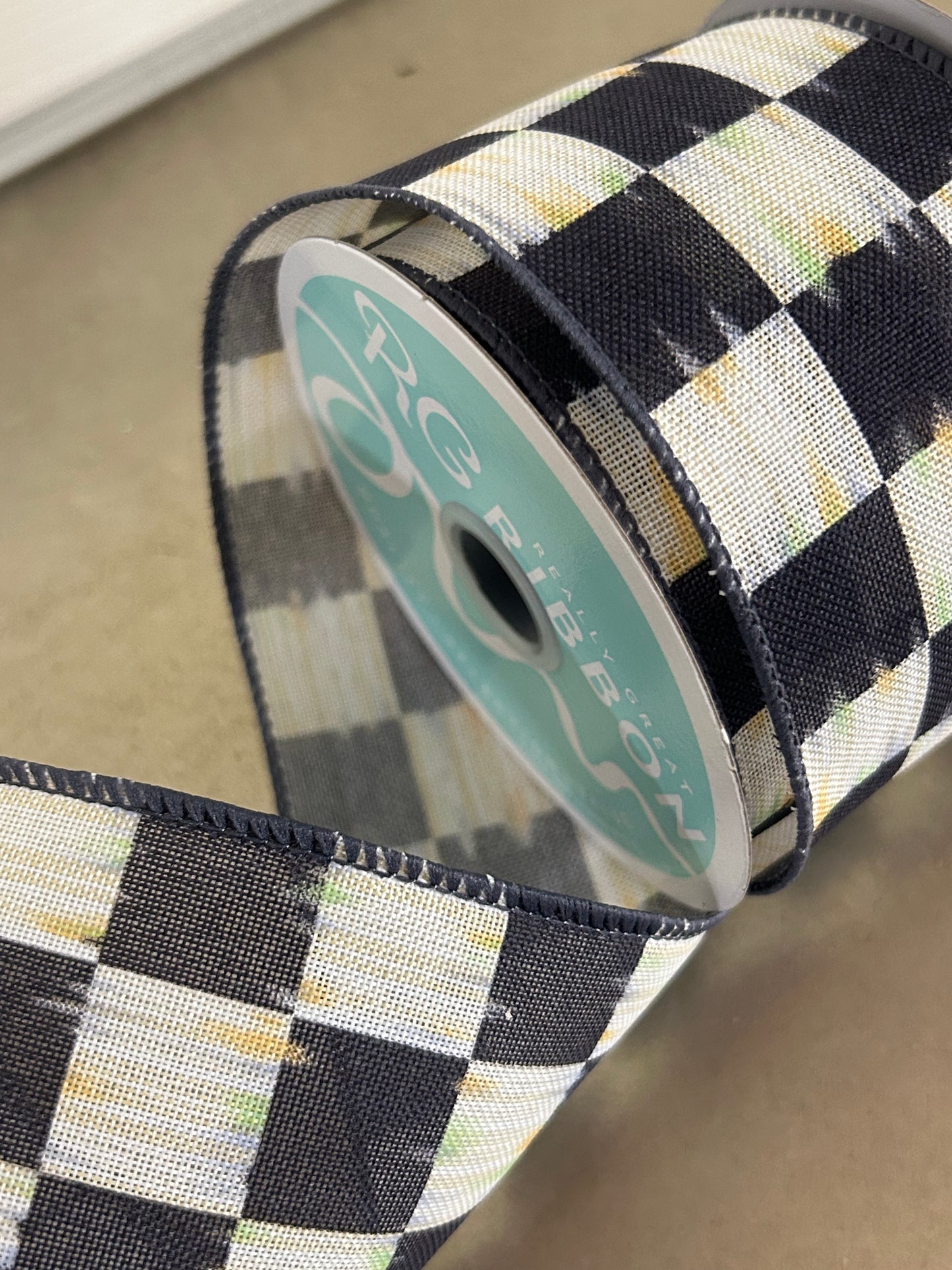 2.5 Inch By 10 Yard Beige And Black Bold Antique Checkerboard Ribbon