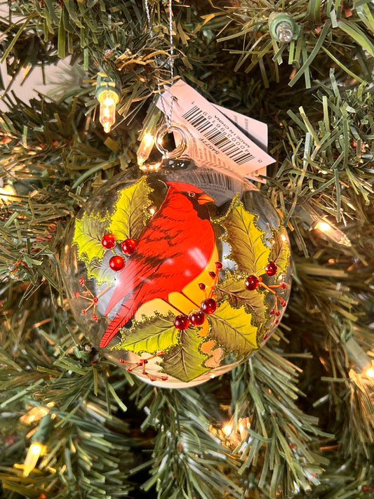 3.5 Inch LED Clear Glass Cardinal And Holly Ornament