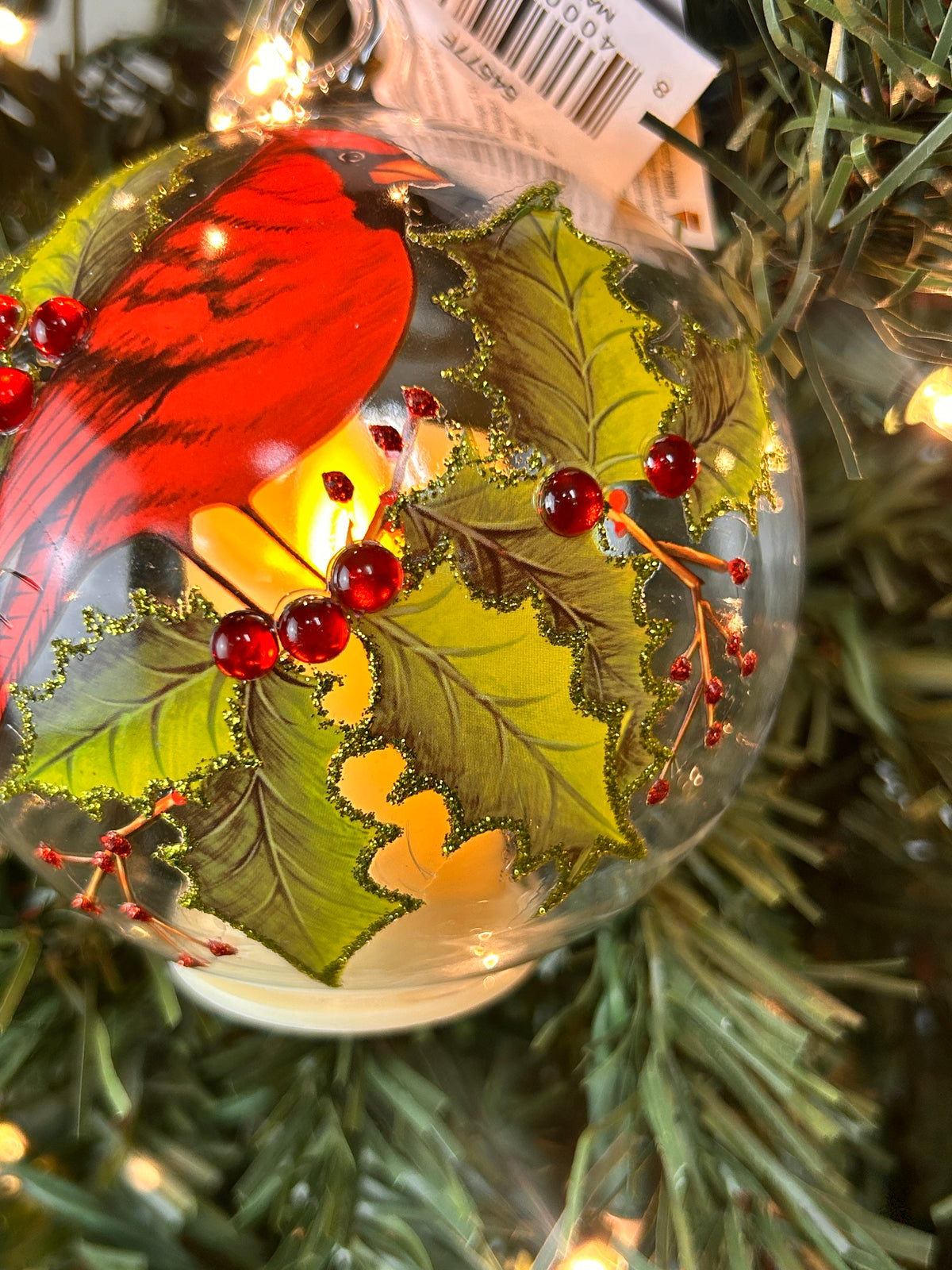 3.5 Inch LED Clear Glass Cardinal And Holly Ornament