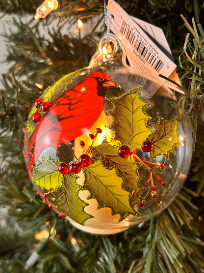 3.5 Inch LED Clear Glass Cardinal And Holly Ornament