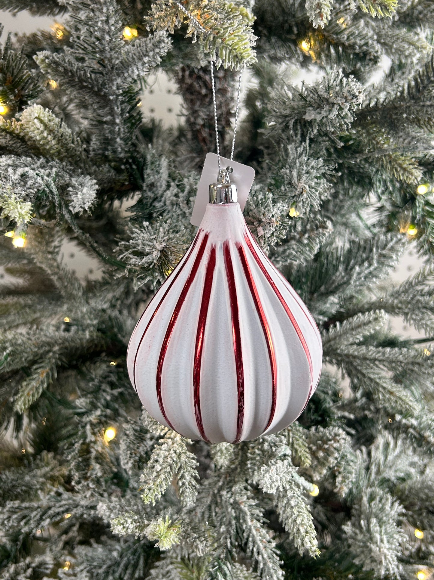 5 Inch Red And White Teardrop Stripe Ornament