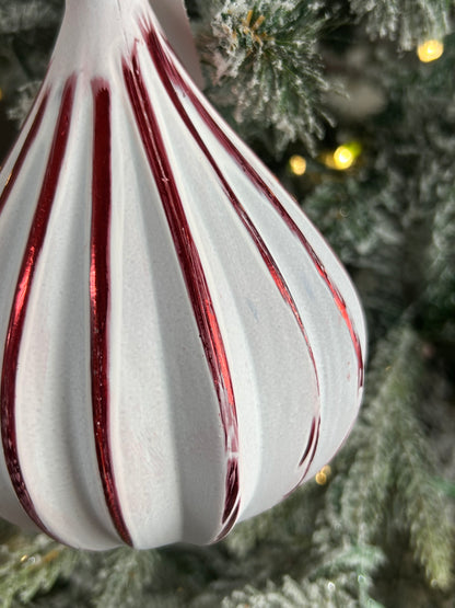 5 Inch Red And White Teardrop Stripe Ornament