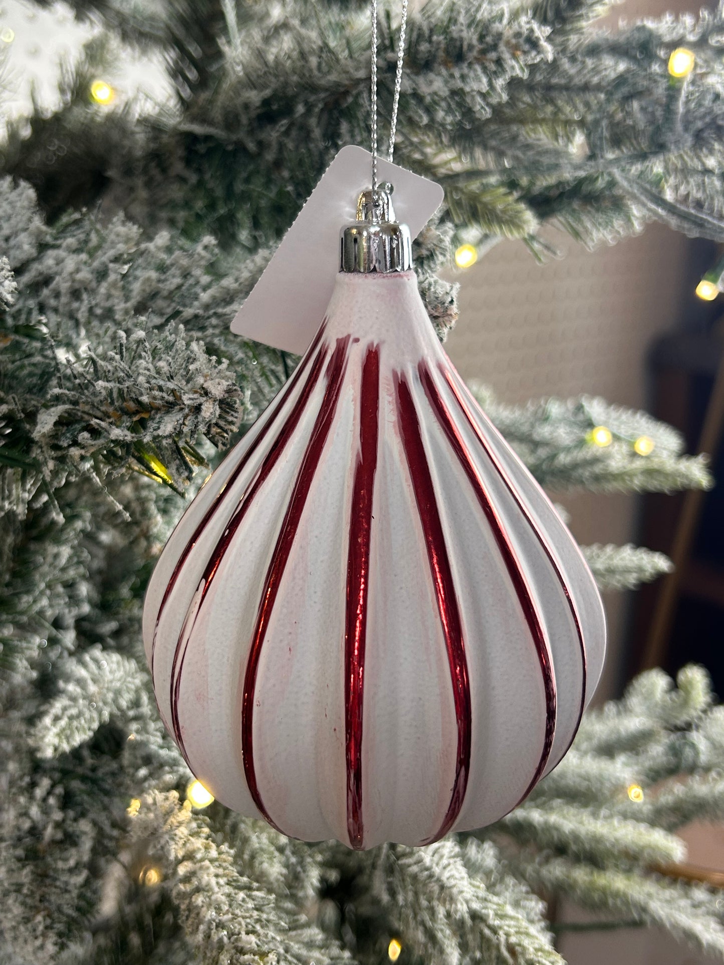 5 Inch Red And White Teardrop Stripe Ornament