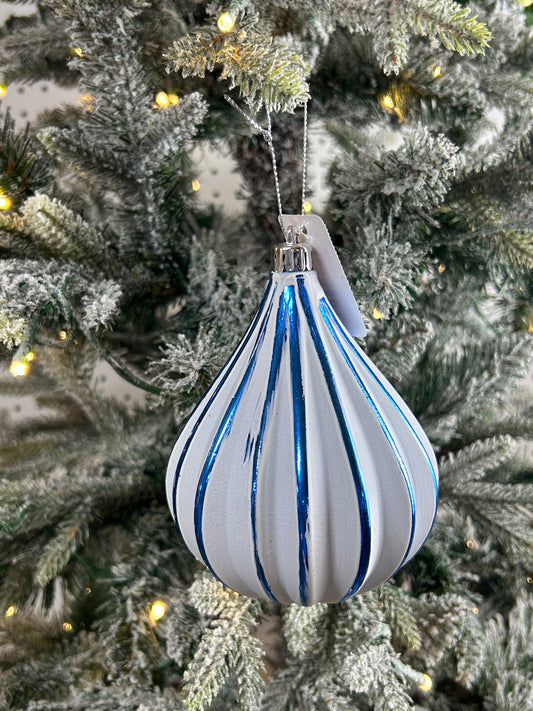 5 Inch Royal Blue And White Teardrop Stripe Ornament