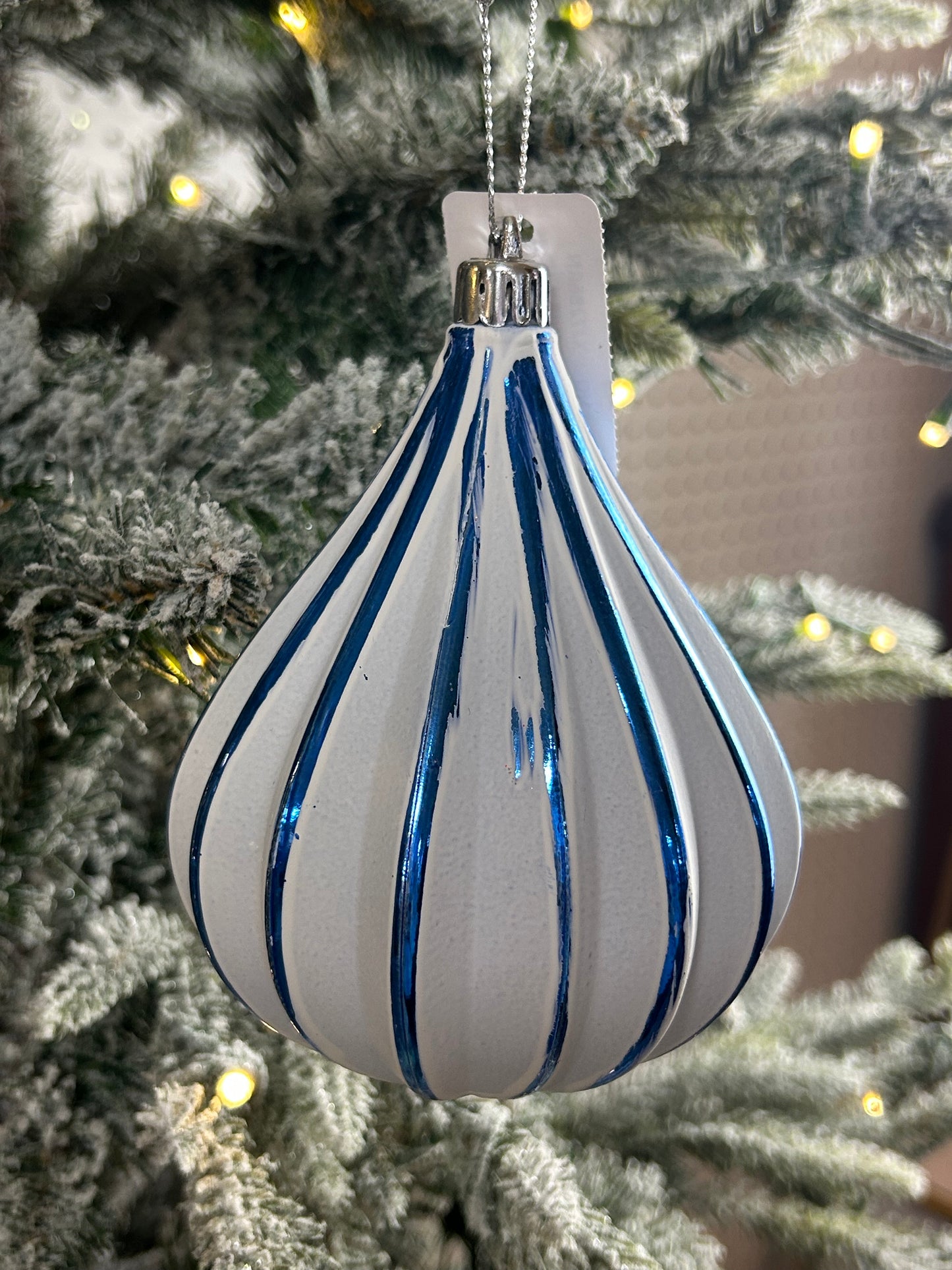 5 Inch Royal Blue And White Teardrop Stripe Ornament
