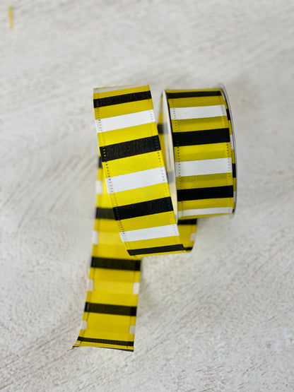 1.5 Inch By 10 Yards Yellow Satin With Black And White Horizontal Stripes Ribbon