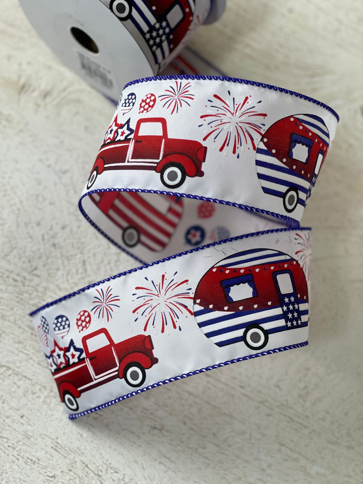 2.5 Inch By 10 Yards White Satin Patriotic Trucks and Campers