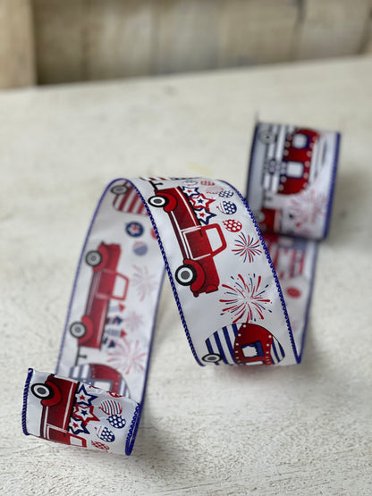 2.5 Inch By 10 Yards White Satin Patriotic Trucks and Campers