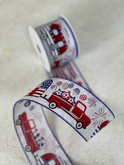 2.5 Inch By 10 Yards White Satin Patriotic Trucks and Campers