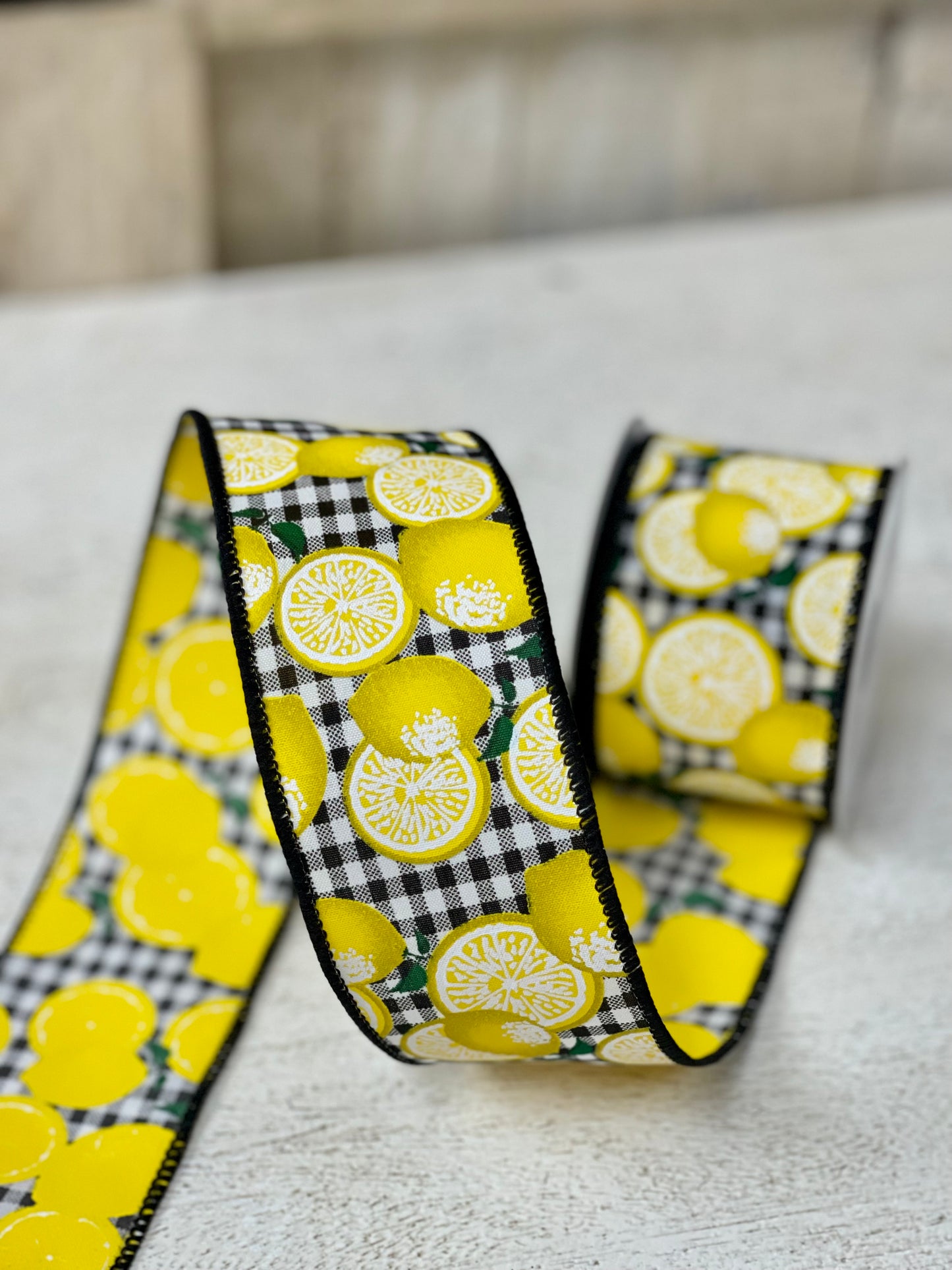 2.5 Inch By 10 Yards Black And White Gingham With Lemon Ribbon
