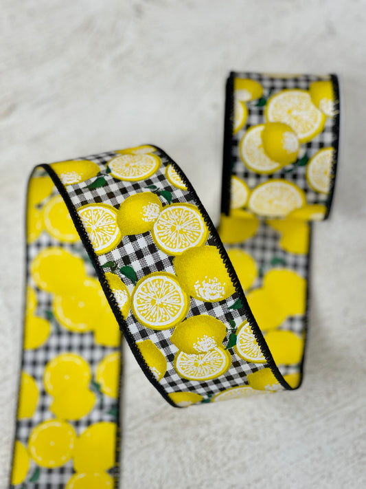 2.5 Inch By 10 Yards Black And White Gingham With Lemon Ribbon