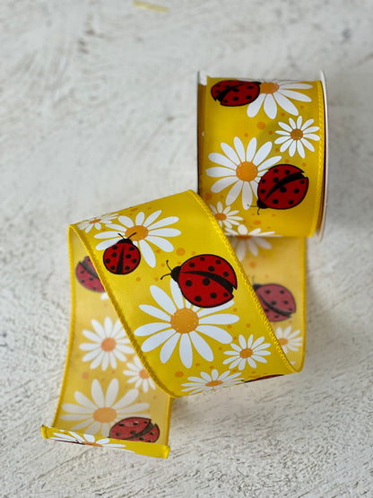 2.5 Inch By 10 Yard Yellow Satin Ladybugs And Daisies