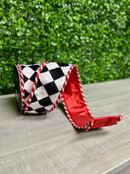 John Mark 2.5 Inch By 10 Yard Black And White Harlequin Velvet With Red Edging Ribbon