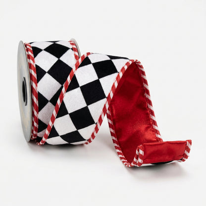 John Mark 2.5 Inch By 10 Yard Black And White Harlequin Velvet With Red Edging Ribbon