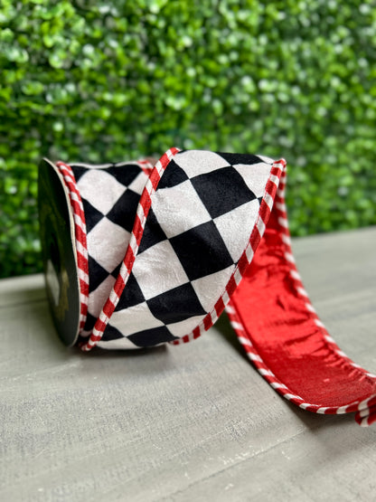 John Mark 2.5 Inch By 10 Yard Black And White Harlequin Velvet With Red Edging Ribbon