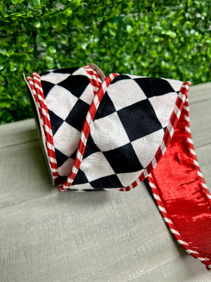 John Mark 2.5 Inch By 10 Yard Black And White Harlequin Velvet With Red Edging Ribbon