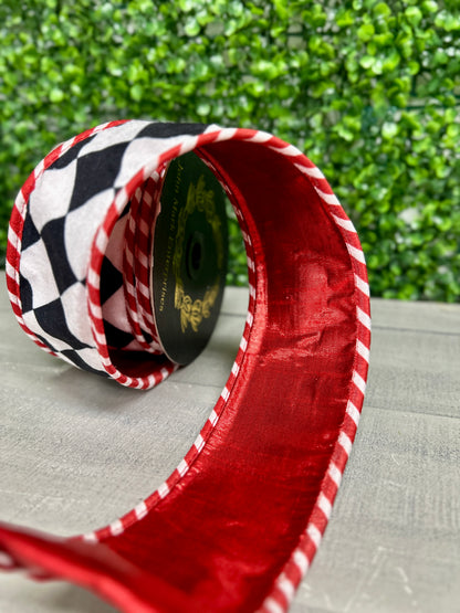 John Mark 2.5 Inch By 10 Yard Black And White Harlequin Velvet With Red Edging Ribbon