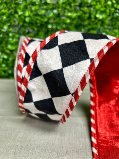 John Mark 2.5 Inch By 10 Yard Black And White Harlequin Velvet With Red Edging Ribbon