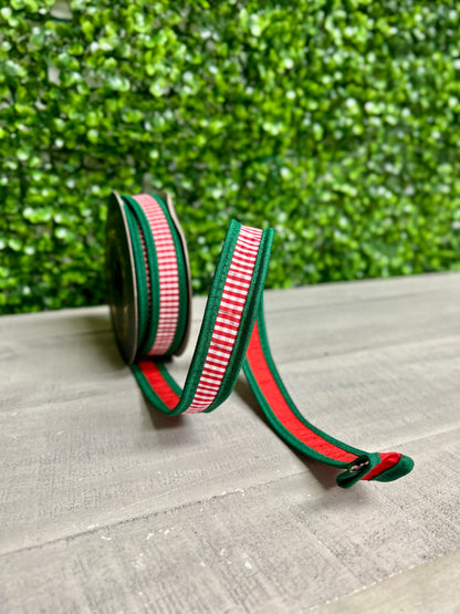 John Mark 1 Inch By 10 Yard Red And White Striped With Green Edging Fused Ribbon