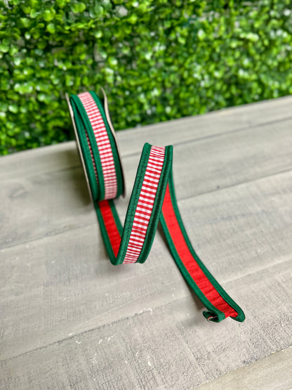John Mark 1 Inch By 10 Yard Red And White Striped With Green Edging Fused Ribbon