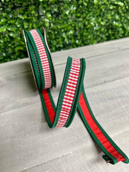 John Mark 1 Inch By 10 Yard Red And White Striped With Green Edging Fused Ribbon
