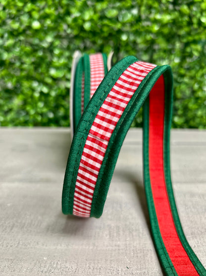 John Mark 1 Inch By 10 Yard Red And White Striped With Green Edging Fused Ribbon