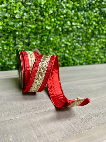 John Mark 1.5 Inch By 5 Yard Red And Gold Metallic Trim Dupioni Ribbon