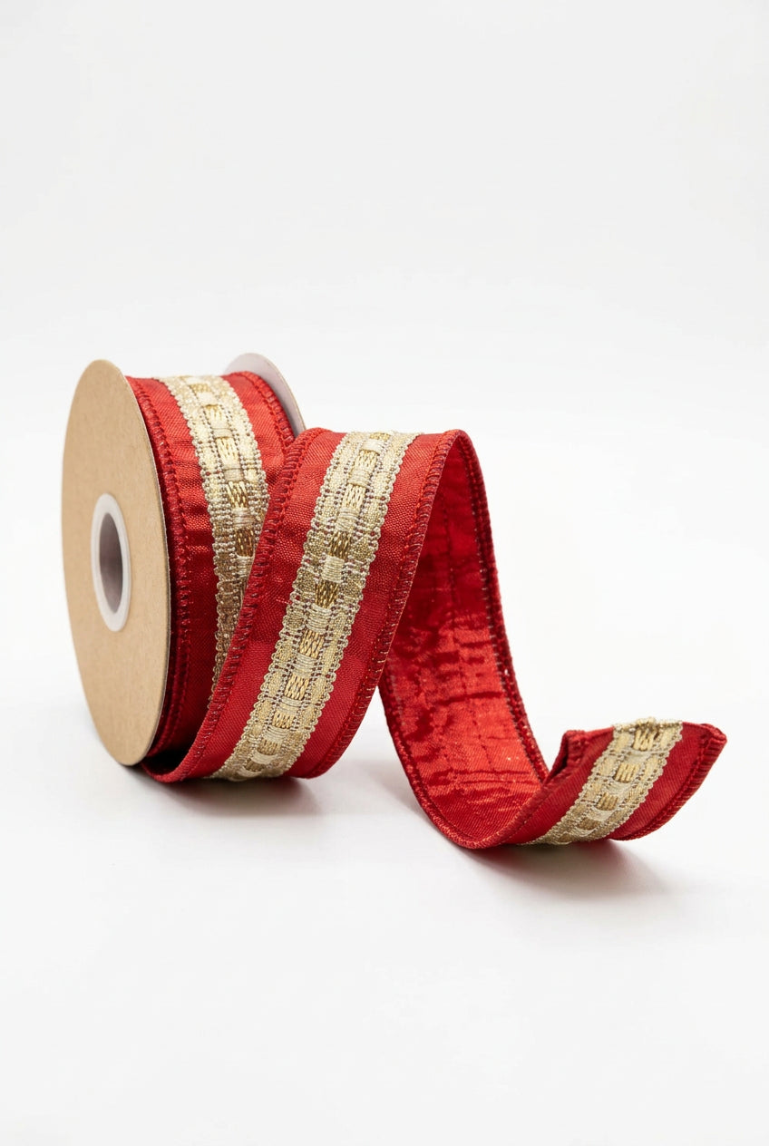 John Mark 1.5 Inch By 5 Yard Red And Gold Metallic Trim Dupioni Ribbon