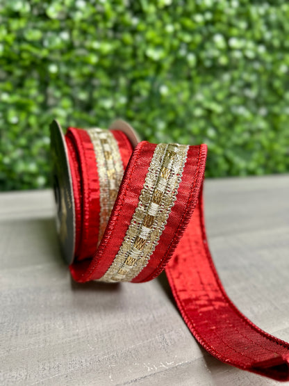 John Mark 1.5 Inch By 5 Yard Red And Gold Metallic Trim Dupioni Ribbon