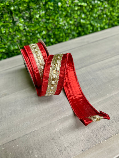 John Mark 1.5 Inch By 5 Yard Red And Gold Metallic Trim Dupioni Ribbon