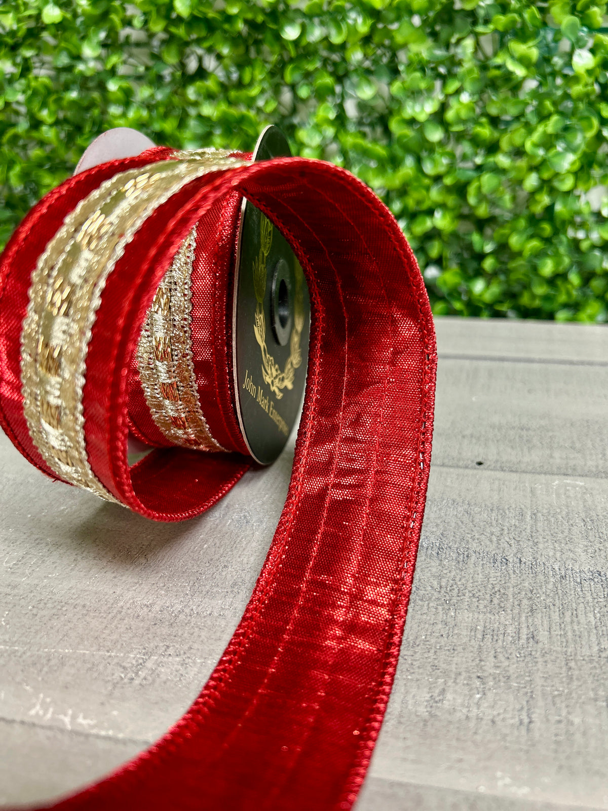 John Mark 1.5 Inch By 5 Yard Red And Gold Metallic Trim Dupioni Ribbon